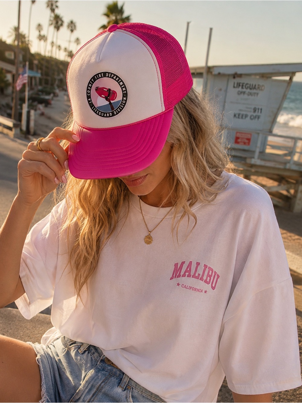 LA County Lifeguard Pink Trucker Hat Snapback Mesh Beach Y2K Malibu Otto
